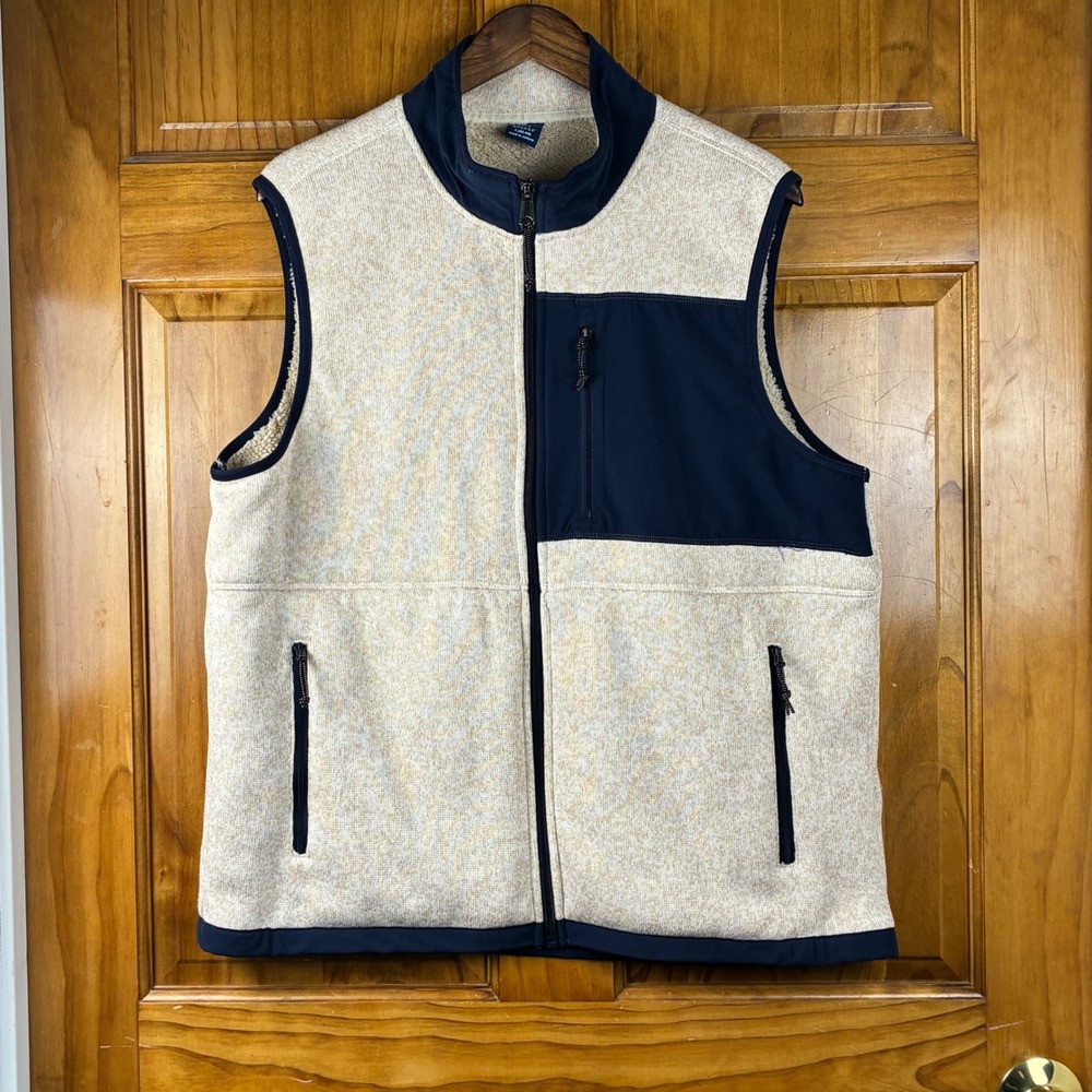 Mens Sweater Fleece Sherpa Lined Vest Tan Navy Blue Lg Gorpcore Utility Layering